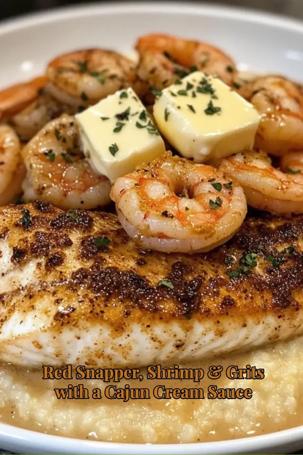 Delicious dish of Red Snapper, Shrimp and Grits with Cajun cream sauce