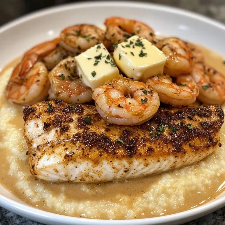 Delicious red snapper and shrimp over creamy grits with Cajun sauce.