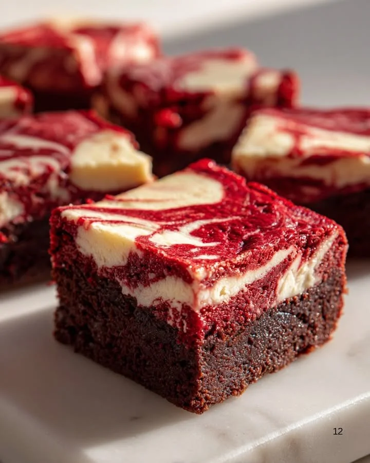 Delicious Red Velvet Brownies topped with cream cheese frosting