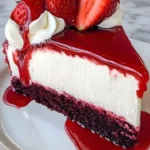 Delicious red velvet cheesecake topped with cream cheese frosting and chocolate shavings