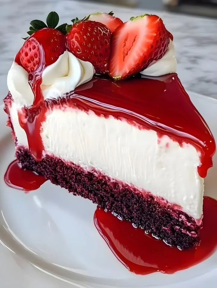 Delicious red velvet cheesecake topped with cream cheese frosting and chocolate shavings