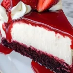 Slice of red velvet cheesecake topped with cream cheese frosting