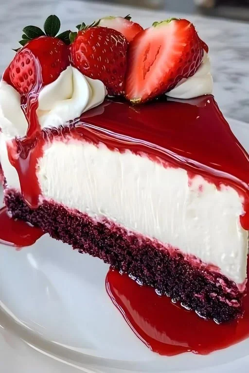 Slice of red velvet cheesecake topped with cream cheese frosting