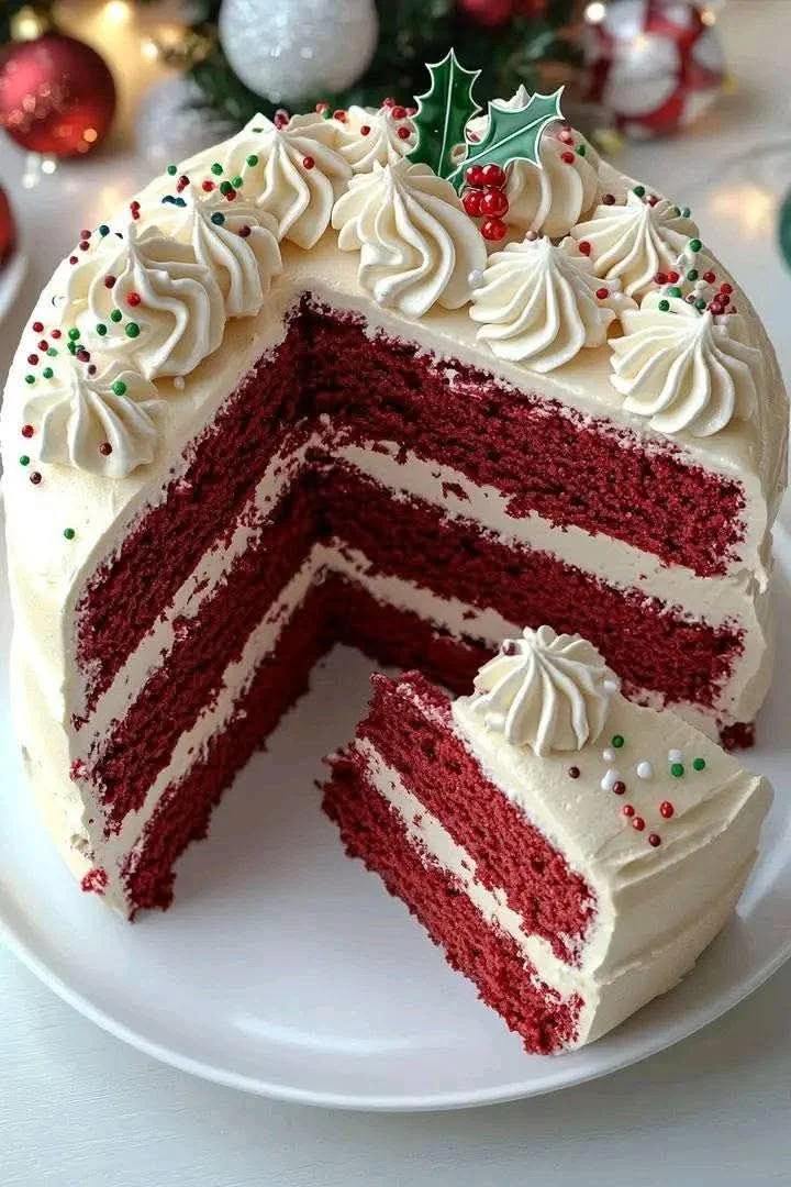 Delicious Red Velvet Christmas Cake with white buttercream frosting