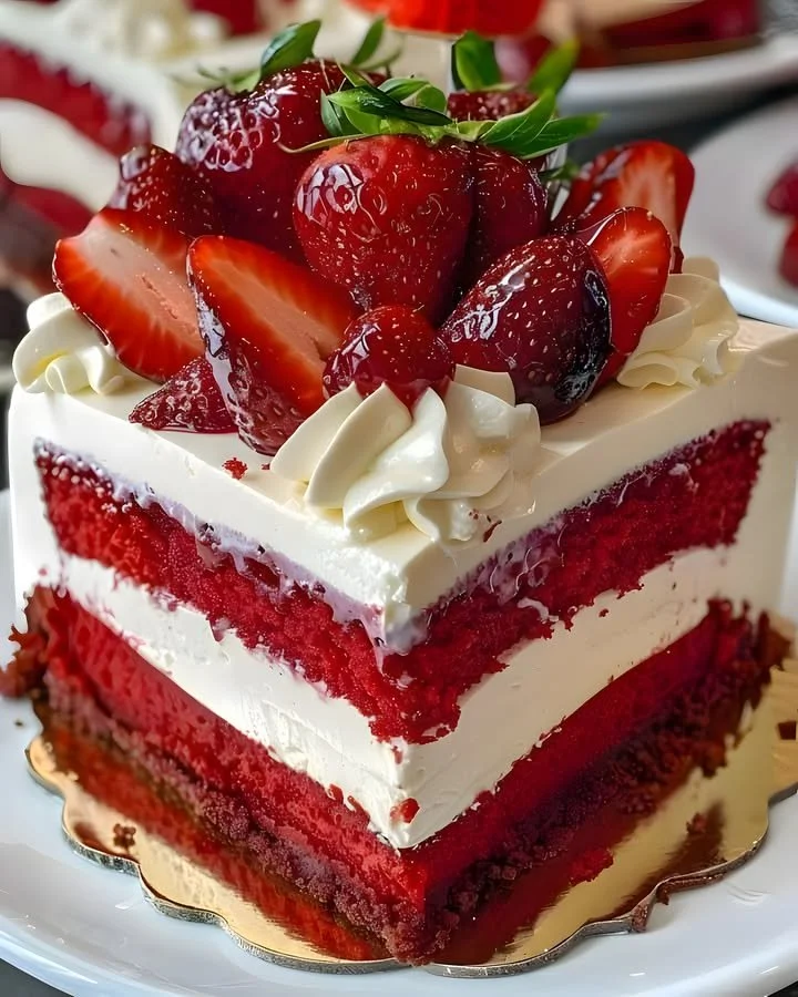 Delicious red velvet strawberry cheesecake with fresh strawberries and creamy layers
