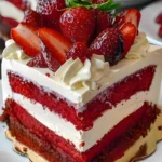 Slice of Red Velvet Strawberry Cheesecake topped with fresh strawberries