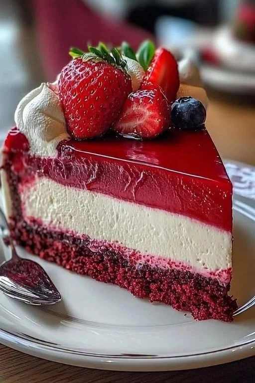 Red Velvet Strawberry Cheesecake topped with fresh strawberries