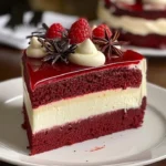 Delicious red velvet cheesecake topped with white chocolate, perfect for dessert lovers