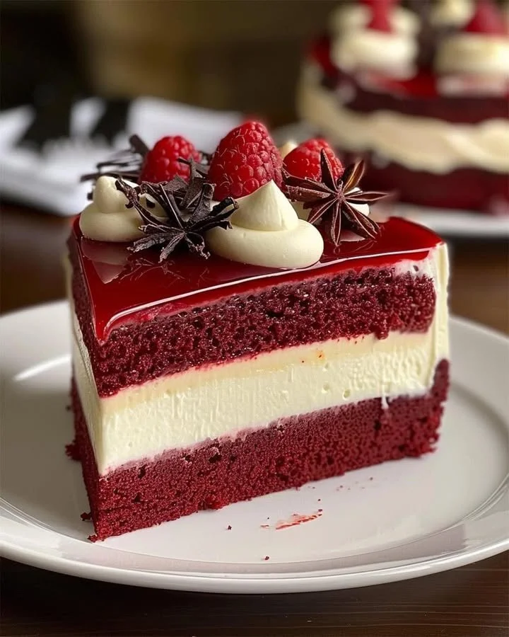 Delicious red velvet cheesecake topped with white chocolate, perfect for dessert lovers