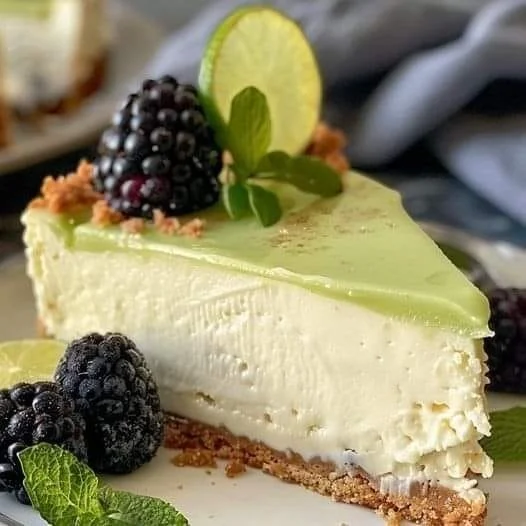 Sliced lime mousse cheesecake with a glossy lime glaze topping.