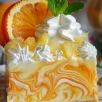 Slice of refreshing Southern pineapple orange swirl cheesecake topped with fruit.