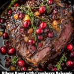 Ribeye roast glazed with cranberry balsamic sauce served on a platter.