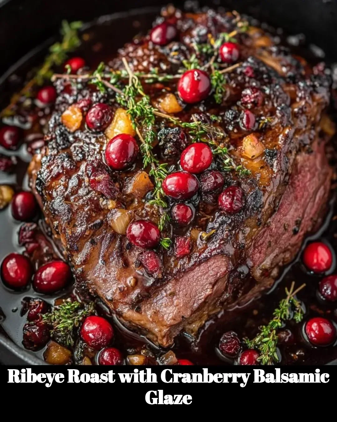 Ribeye roast glazed with cranberry balsamic sauce served on a platter.