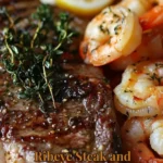 Ribeye steak and shrimp surf and turf platter served on a white plate