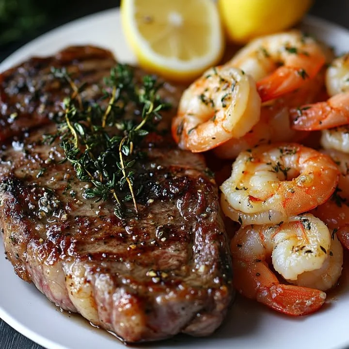 Ribeye steak paired with succulent shrimp in a surf and turf dish