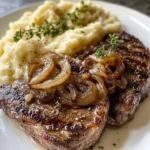 Ribeye steak with caramelized onions and creamy mashed potatoes on a plate.