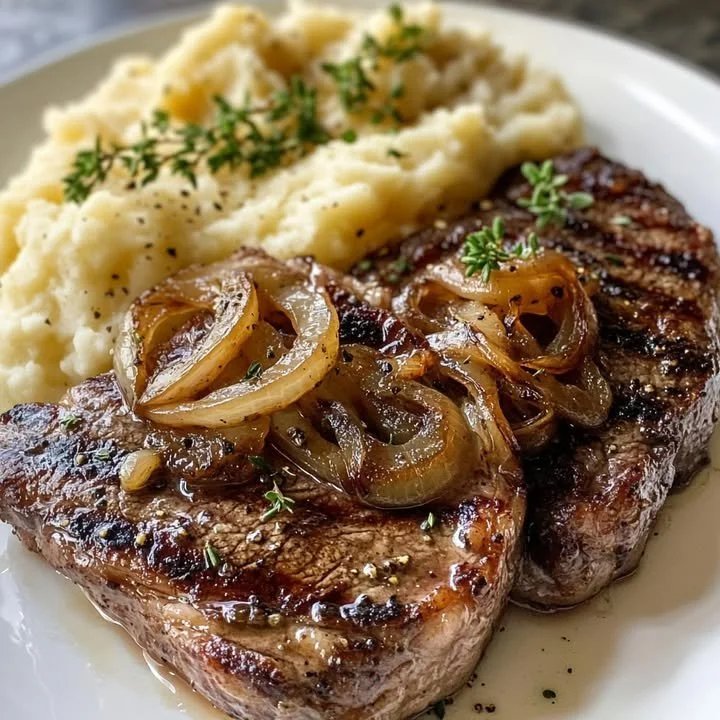 Ribeye steak with caramelized onions and creamy mashed potatoes on a plate.
