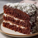 Rich and moist chocolate coconut layer cake with coconut flakes on top