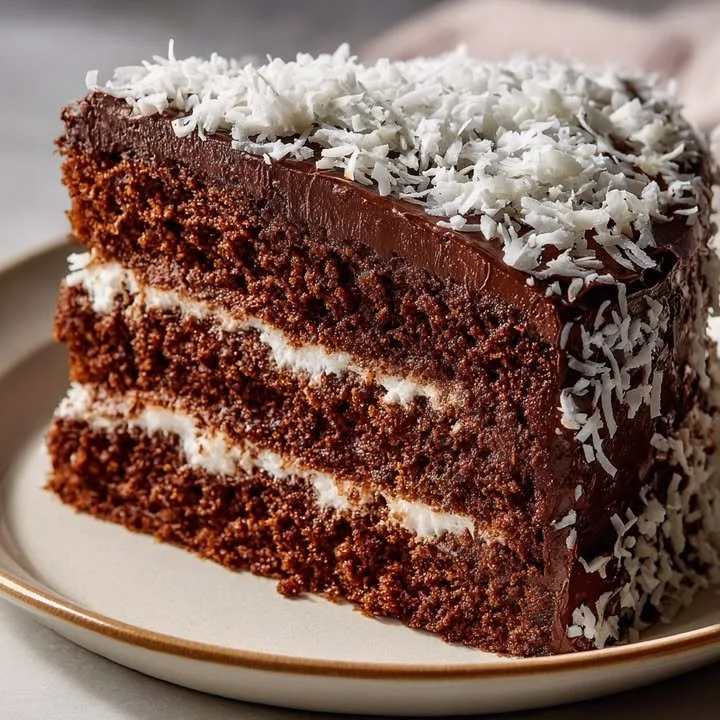 Rich and moist chocolate coconut layer cake with coconut flakes on top