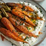 Bowl of roasted carrots served with whipped feta dip on a rustic table.