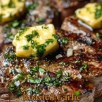 Juicy grilled steak topped with roasted garlic butter on a serving plate