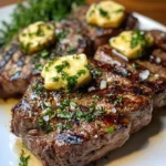 Delicious roasted garlic butter grilled steak on a rustic wooden table