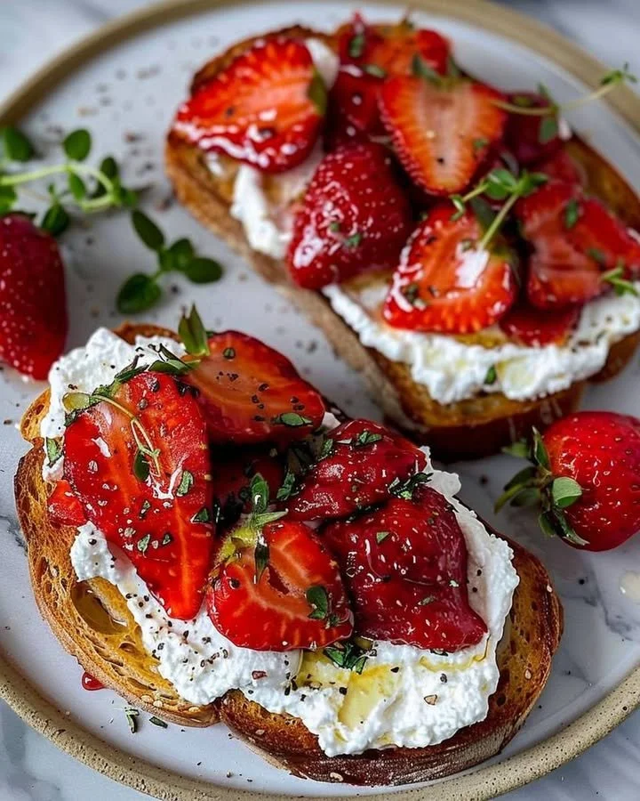 Delicious roasted strawberry whipped ricotta toast topped with fresh strawberries.