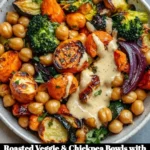 Close-up of Roasted Veggie Bowls with Chickpeas and Maple Dijon Tahini Dressing