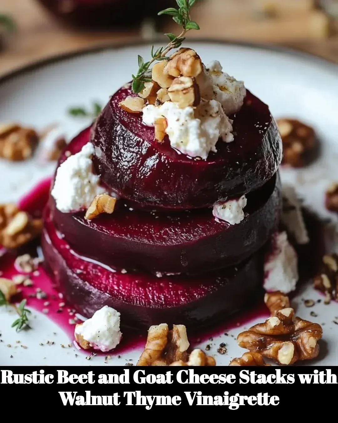Rustic beet and goat cheese stacks with walnut thyme vinaigrette served elegantly