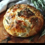 Freshly baked rustic no knead rosemary garlic bread on a wooden table