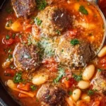 Bowl of rustic Parmesan meatball soup with white beans and tomatoes