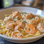 Creamy Salmon Alfredo with shrimp, garnished with herbs and served on a plate.