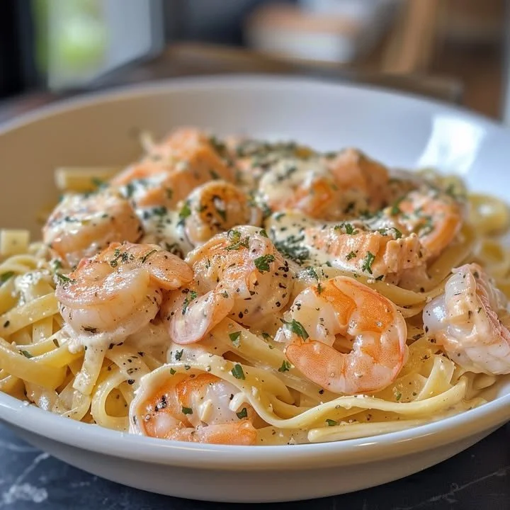 Creamy Salmon Alfredo with shrimp, garnished with herbs and served on a plate.