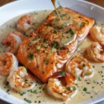 Plate of salmon and shrimp with creamy garlic sauce garnished with herbs