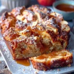 Slice of salted caramel apple fritter bread on a plate topped with caramel drizzle.