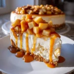 Slice of salted caramel apple pie cheesecake with whipped cream and caramel drizzle