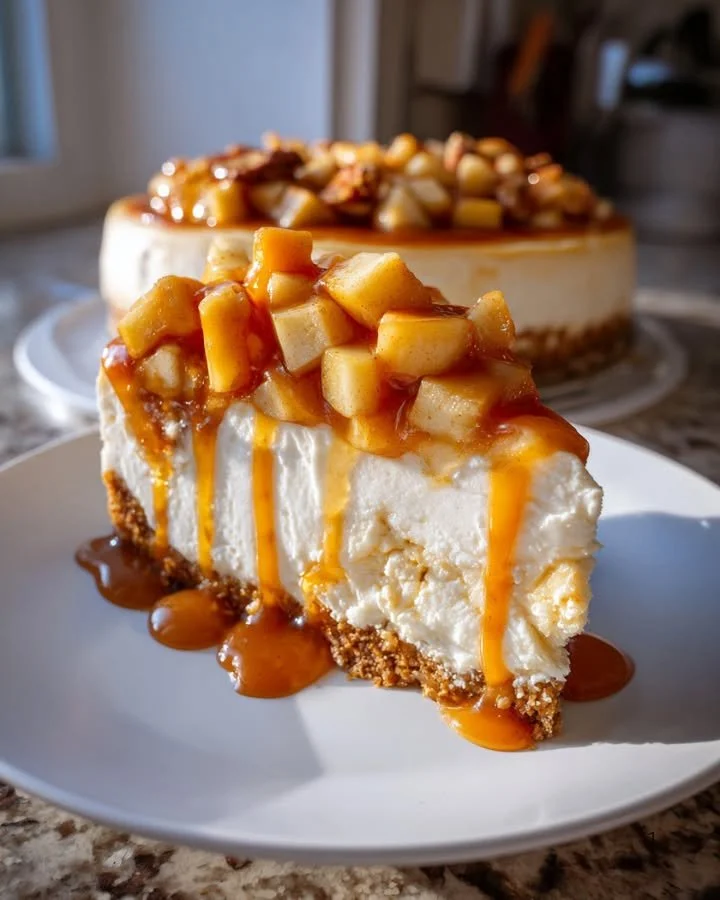 Slice of salted caramel apple pie cheesecake with whipped cream and caramel drizzle