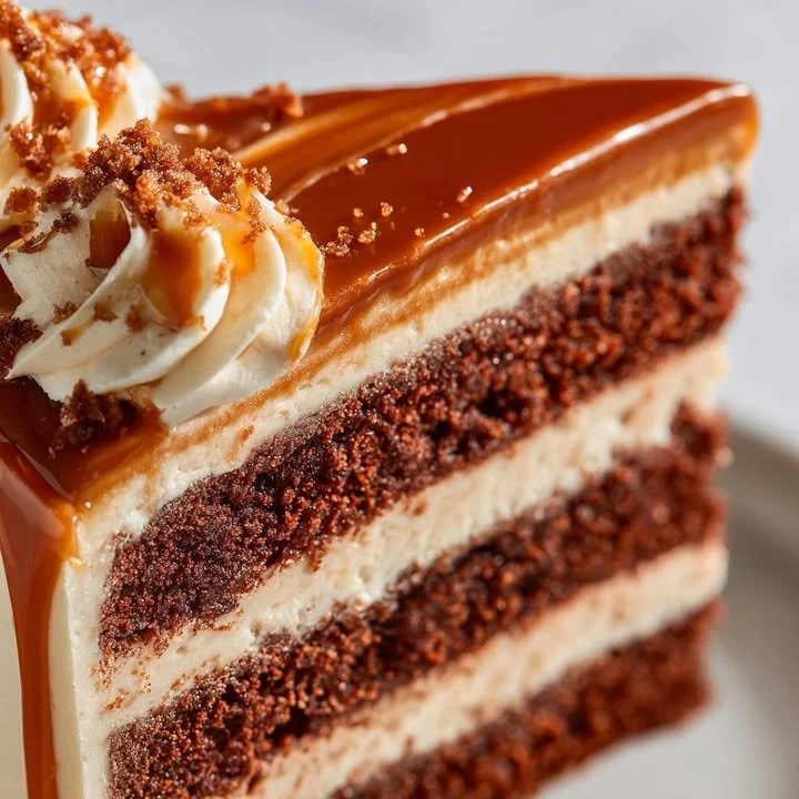 Slice of Salted Caramel Mocha Cake topped with caramel drizzle and sea salt