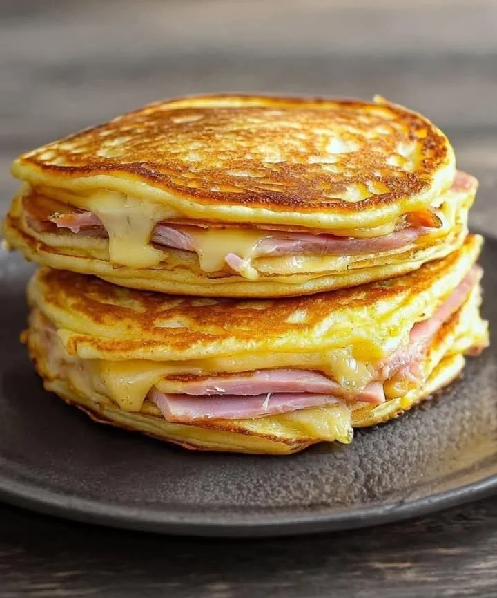 Salty pancakes topped with ham and cheese served on a plate