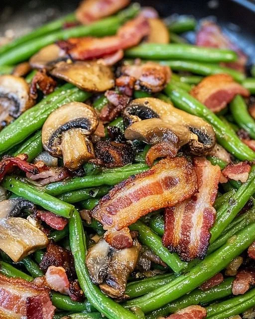 Sautéed green beans with crispy bacon and mushrooms on a white plate