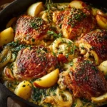 Delicious Savory French Baked Chicken Normandy served with herbs and vegetables