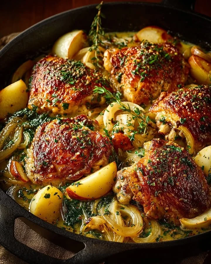 Delicious Savory French Baked Chicken Normandy served with herbs and vegetables