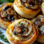 Savory mushroom and cheese pinwheels on a platter, perfect appetizer recipe