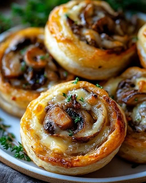Savory mushroom and cheese pinwheels on a platter, perfect appetizer recipe