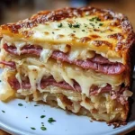 Savory Reuben Bake with layers of corned beef, sauerkraut, and melted cheese