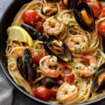 A delicious plate of seafood pasta with linguine, shrimp, and mussels