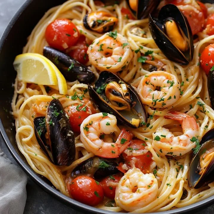 A delicious plate of seafood pasta with linguine, shrimp, and mussels
