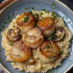 Seared scallops on creamy mushroom Arborio risotto, a gourmet seafood dish.