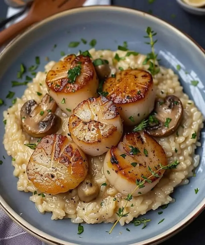 Seared scallops on creamy mushroom Arborio risotto, a gourmet seafood dish.