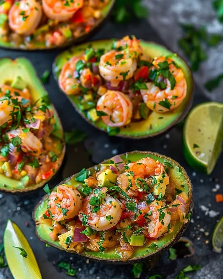 Delicious shrimp-stuffed avocados garnished with fresh herbs